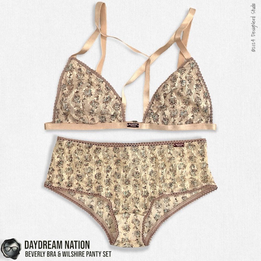 DAYDREAM NATION BEVERLY BRA & WILSHIRE PANTY SET IN TAN DAINTY FLORAL MESH LACE - Picture 6 of 14